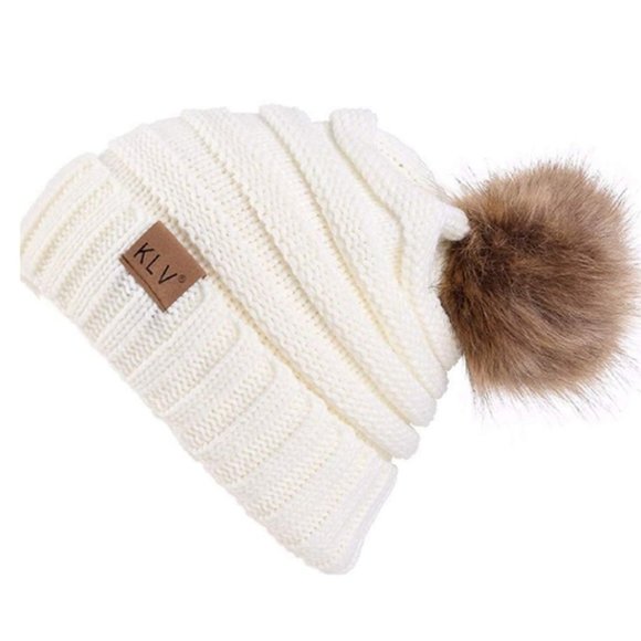 klv Accessories - NWT- Cream With Brown Faux Pom Pom Scrunch Beany